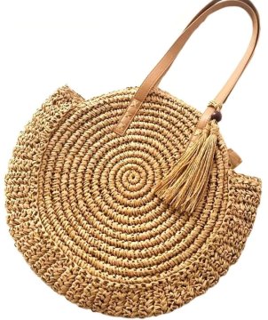 Camerazar Velika slamnata torba v boho stilu, svetla/temna, rafija s tekstilno podlogo, 45x40 cm