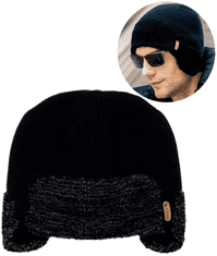 Camerazar Unisex topla zimska športna kapa z ušesnimi zaščitami, črna, akrilna preja, 21x25 cm