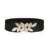 Camerazar Elastičen Ženski Pas s Okrasno Sponko Listi, Črn z Zlato Vzorom, Širina 6,5 cm