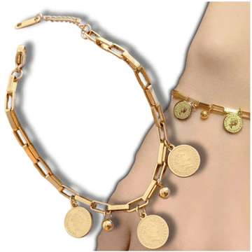 Camerazar Zlatna zapestnica iz kirurškega jekla z verižico in obeski v obliki kovancev