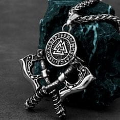 Camerazar Ogrlica z nordijskimi simboli, amulet sekire, srebrna barva, kirurška jeklo, 60 cm