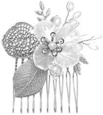 Camerazar Elegantna poročna sponka z srebrnimi elementi, biseri in cvetlico, 8x8 cm