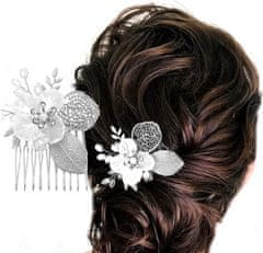 Camerazar Elegantna poročna sponka z srebrnimi elementi, biseri in cvetlico, 8x8 cm