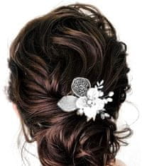 Camerazar Elegantna poročna sponka z srebrnimi elementi, biseri in cvetlico, 8x8 cm