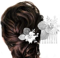 Camerazar Elegantna poročna sponka z srebrnimi elementi, biseri in cvetlico, 8x8 cm