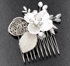 Camerazar Elegantna poročna sponka z srebrnimi elementi, biseri in cvetlico, 8x8 cm