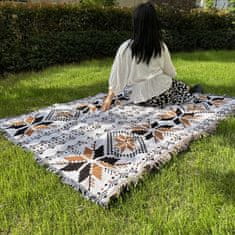 Flamenco Mystique Dvostranska BOHO odeja s karo vzorom in resicami, 130x180 cm, 100% bombaž