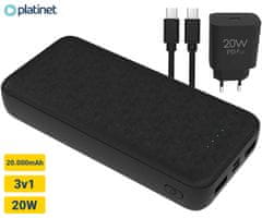 Platinet PMPB20SET 3v1 komplet powerbank + adapter 20W + kabel 100cm, 20.000mAh, PD, črn