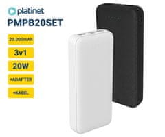 Platinet PMPB20SET 3v1 komplet powerbank + adapter 20W + kabel 100cm, 20.000mAh, PD, črn