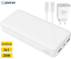 Platinet PMPB20SET 3v1 komplet powerbank + adapter 20W + kabel 100cm, 20.000mAh, PD, bel