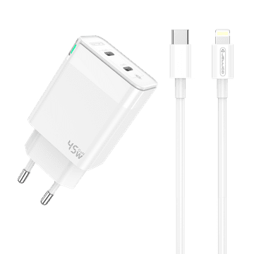 Jellico C106 hišni polnilec GaN QC / PD 45W vhod 2x Type C s kablom Lightning - Original (EU Blister) - bel