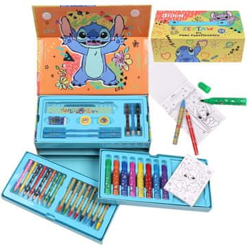 Disney DISNEY Stitch UMETNIŠKI KOMPLET v škatli Z ROČAJEM za otroke, komplet za likovno ustvarjanje 34 ELEMENTOV