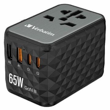 1 to 3 VERBATIM POTOVALNI POLNILEC 2XUSB-A 2XUSB-C PD 65W ZA PRENOSNIK IPHONE US UK