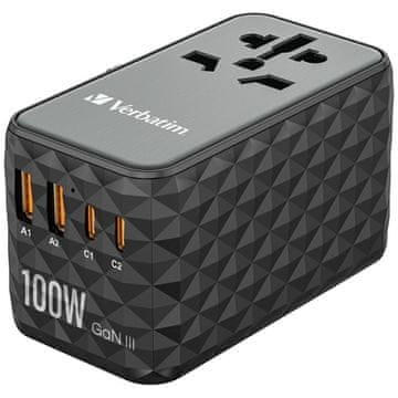 1 to 3 VERBATIM POTOVALNI POLNILEC ZA TELEFONE 2X USB-A 2X USB-C 100W PD EU UK US