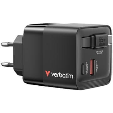 1 to 3 VERBATIM GAN 65 W POLNILEC ZA TELEFON 2X USB-C USB-A Z ADAPTERJEM EU UK US