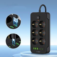 Tech-protect TECH-PROTECT RAZDELILNIK PC6X6 S 3 USB IN 3 TIPE-C IN 6 VTIČNICAMI 200 CM ČRNEGA OBLIKOVALCA