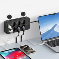 Tech-protect TECH-PROTECT RAZDELILNIK PC6X6 S 3 USB IN 3 TIPE-C IN 6 VTIČNICAMI 200 CM ČRNEGA OBLIKOVALCA