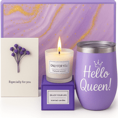 Darilni komplet za ženske, darilna košara, sivkin komplet, sveča, voščilnica | WOMGIFTPURPLE