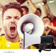 Nedis megafon | Največji domet: 1500 m | Največji nadzor glasnosti: 120 dB | Snemljiv mikrofon | Vgrajena sirena | Bluetooth | Funkcija snemanja | USB predvajanje | Naramnica | Črna/bela 
