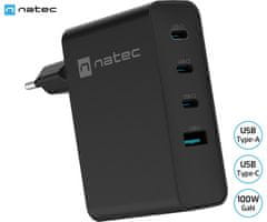 Natec Ribera GaN polnilec, 100W, 1x USB-A, 3x USB-C, QC, črn
