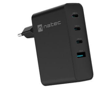 Natec Ribera GaN polnilec, 100W, 1x USB-A, 3x USB-C, QC, črn