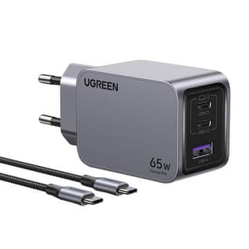 Ugreen Ugreen Nexode Pro stenski polnilnik, USB + 2x USB-C, 65 W + 1,5 m USB-C kabel (črn)