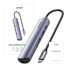 Ugreen Ugreen Revodok CM418 USB-C vozlišče/adapter na 2x USB, HDMI 4K 30 Hz, RJ45 1 Gbps, PD 100 W (siv)
