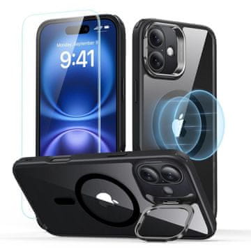 ESR ESR KLASIČNO HIBRIDNO STOJALO HALOLOCK MAGSAFE IN KALJENO STEKLO ZA IPHONE 16 PROZORNO/ČRNO