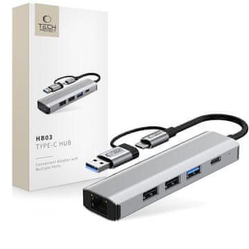 Tech-protect TECH-PROTECT HB03 HUB ADAPTER 5V1 TIPA-C + USB 2.0 + USB 3.0 + RJ45 VESELJSKO SIVA