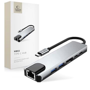 Tech-protect HB02 HUB ADAPTER 6-V-1 TIPA-C + USB 2.0 + USB 3.0 + HDMI 4K 30HZ + RJ45 + PD100W VESELJSKO SIVA