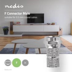 Nedis F-konektor | Naravnost | Moški | Pozlačeno | 75 ohmov | Twist-On | Premer vhodnega kabla: 5,5 mm | Baker | Kovina | 2 kos. | Karton z okencem 
