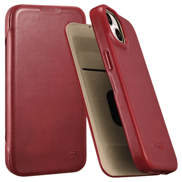 iCARER CE Premium usnjen ovitek Folio za iPhone 14 Plus z magnetnim preklopom, rdeč (WMI14220715-RD)