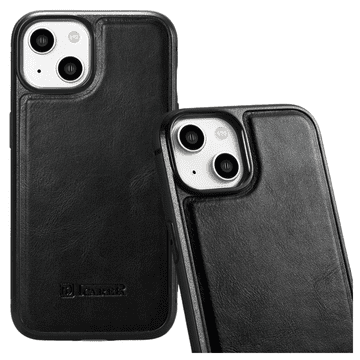 iCARER usnjen ovitek z voskom in oljnim premazom, prevlečen s pravim usnjem za iPhone 14 Plus, črne barve (WMI14220719-BK)