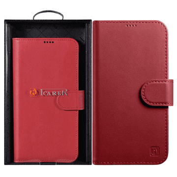 iCARER denarnica 2v1 za iPhone 14 Plus usnjena preklopna torbica z zaščito pred RFID rdeča (WMI14220727-RD)