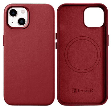 iCARER Case Usnjen ovitek iz pravega usnja za iPhone 14 Plus rdeče barve (združljiv z MagSafe)