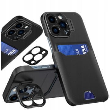 HURTEL Usnjen ovitek s stojalom za iPhone 14 Pro, denarnica s karticami in stojalom, črn