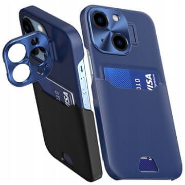 HURTEL Usnjen ovitek s stojalom za iPhone 14, denarnica s karticami in stojalom, moder