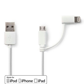 Nedis 2 v 1 kabel | USB 2.0 | USB-A moški | Apple Lightning, 8-polni / USB Micro-B moški | 480 Mbps | 1,00 m | Ponikljano | Okrogla | PVC | Bela | Plastična vrečka