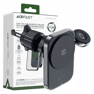 AceFast Avtomobilski nosilec D18 z induktivnim polnilnikom MagSafe/Qi + kabel USB-A USB-C - črn