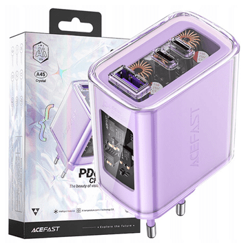 AceFast Polnilnik GaN 65W 3 vhodi (1xUSB, 2xUSB C) vijoličen (A45)