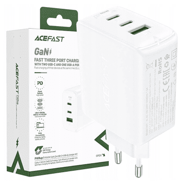 AceFast GaN hitri stenski polnilnik (2x USB-C / USB-A) PPS / PD / QC4+ 65W bel (A41)