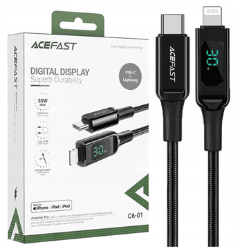 AceFast MFI kabel USB tipa C - Lightning 1,2 m, 30 W, 3 A črne barve (C6-01 črne barve)