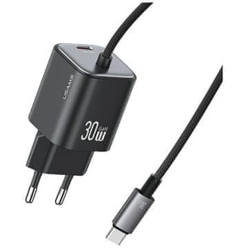 shumee 30W USAMS GaN 2xUSB-C stenski polnilnik črne barve