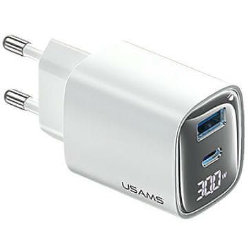 shumee 30W USAMS GaN stenski polnilnik s hitrim polnjenjem, USB-C/USB-A, bela