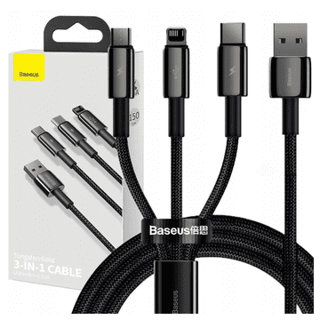 BASEUS Tungsten Gold 3v1 USB kabel, USB na micro USB / USB-C / Lightning, 3,5 A, 1,5 m (črn)