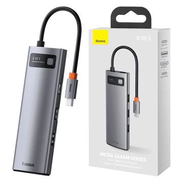 BASEUS Hub 8v1 Metal Gleam Series, USB-C na 3x USB 3.0 + HDMI + USB-C PD + Ethernet RJ45 + microSD/SD