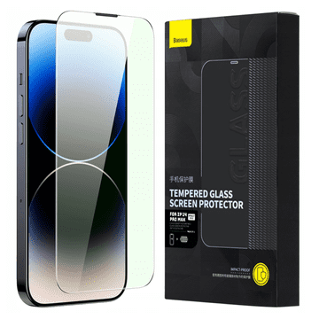 BASEUS Kaljeno steklo za iPhone 14 Pro Max, celoten zaslon, filter proti modri svetlobi in 0,3 mm pokrov zvočnika + okvir za montažo