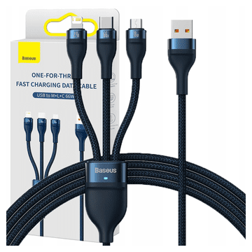 1 to 3 Baseus Flash Series 3V1 Usb Kabel, Usb-C + Micro Usb + Lightning, 66 W, 1,2 M (Moder)