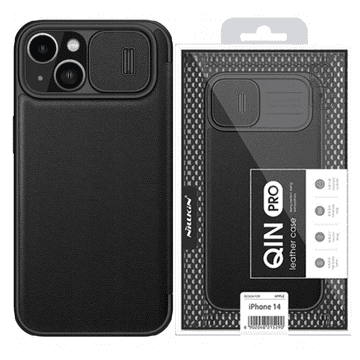 Nillkin Nillkin Qin usnjen ovitek za iPhone 14 Plus s preklopnim etuijem in kamero, črne barve