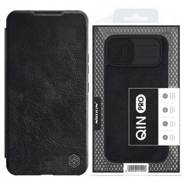 Nillkin Nillkin Qin usnjen ovitek za iPhone 14 Plus s preklopnim etuijem in kamero, črne barve